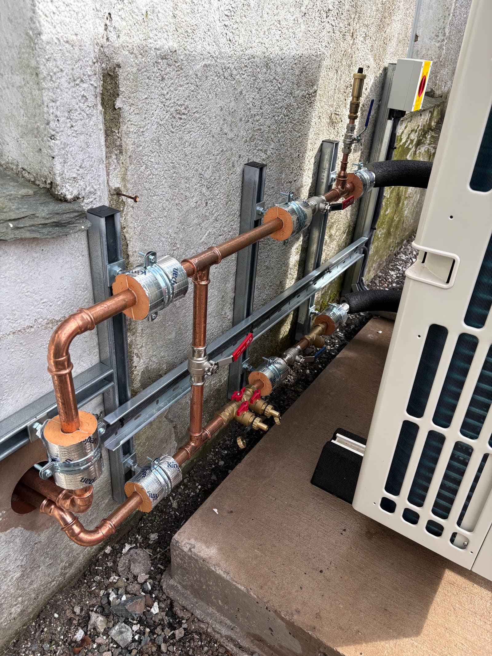 Copper pipework connecting the heat pump