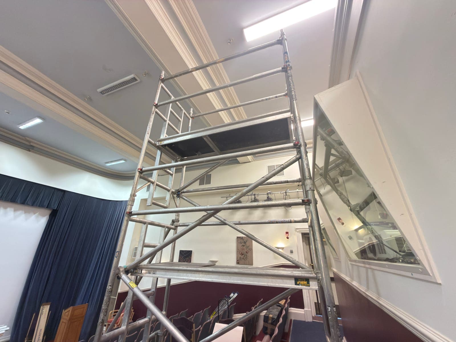 Lecture theatre seating and the access tower during the lighting works